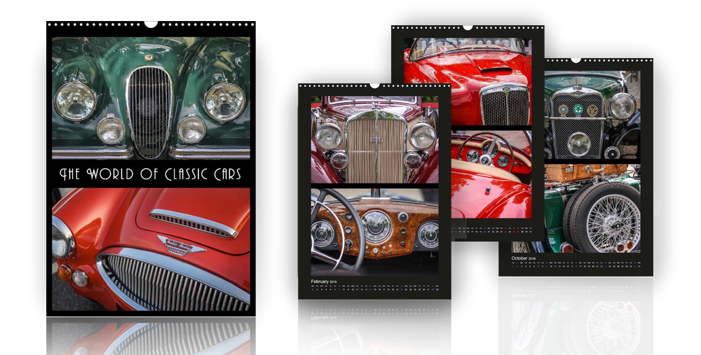 Calendar The World of Classic Cars  /></a><br />
Dreams in metal and chrome: The calendar shows brilliant photographs of famous classic cars. The timeless elegance and beauty of luxury sedans and sports cars will make the heart of classic car fans beat faster. All motor cars are from the golden age of the automobile history: The period from the 30s to the 60s of the last century. Dream yourself back into an unforgettable time.</p>
<h4>Formats available in retail: A4 Wall, A3 Wall <span style=