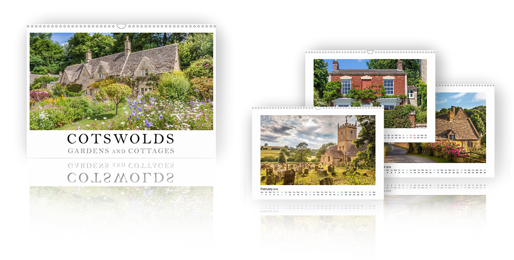 Calendar Cotswolds - Gardens and Cottages  /></a><br />
The essence of England can be found in the Cotswolds with its picturesque villages. It is an Area of Outstanding Natural Beauty. Beautiful gardens, old churches, romantic street lines and cafés invite you to linger. The Cotswolds are famous for the honey-colour limestone villages in a beautiful rural setting.</p>
<h4>Formats available in retail: A4 Wall, A3 Wall <span style=