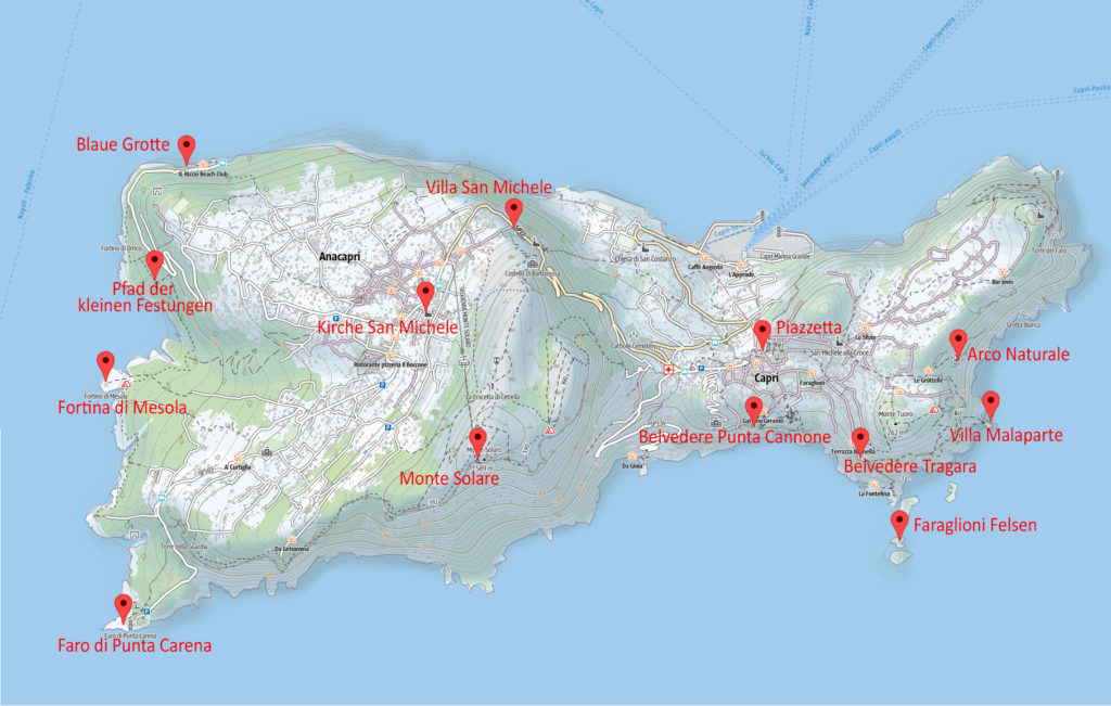 Capri Übersichtskarte lohnende Ziele (zum Vergrößern Klicken)