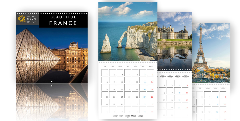 Calendar - Beautiful France  /></a><br />
The World Travel Edition shows you natural and architectural highlights of France.<br />
There is so much to see in France! The country is world famous for its magnificent castles, picturesque villages, scenic landscapes and its way of life. Many of the spectacular historic places are UNESCO World Heritage Sites. The brilliant photography of the World Travel Edition France celebrates the country’s allure. Places featured in this edition are: The alps of Chamonix, Chambord Castle at the Loire, the coast line of Brittany, Provence with Avignon and the Abbey Senanque, Nice on the French Rivera, the vineyards of Alsace, Honfleur and Etretat in Normandy and of course Paris with its famous Eiffel tower, Cathedral of Notre Dame and Sacre Coeur. Each outstanding image is accompanied by a large grid for your own notices.</p>
<h4>Formats available in retail: 300 × 300 Wall<span style=