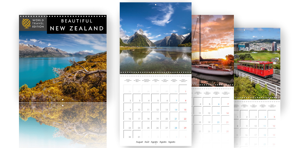 Calendar - Beautiful New Zealand  /></a><br />
Discover New Zealand’s most amazing places with the World Travel Edition.<br />
There is so much to see in New Zealand! The whole world in just one country. Explore tropical rainforests, crystal clear lakes, silent fjords, coasts and mountains and not least big cities like Auckland and Wellington. The World Travel Edition will show you landscapes brimming with beauty and enchanted places emanating the purity and beauty of New Zealand. Places featured in this edition: Abel Tasman National Park, Auckland, Milford Sound, Lake Matheson, Wai-o-Tapu Geothermal Area, Wellington, Castle Point Lighthouse, Lake Wanaka, Arrowsmith Mountain Range, Coromandel-Peninsula and Kuaotunu Bay. Each outstanding image is accompanied by a large grid for your own notices.</p>
<h4>Formats available in retail: 300 × 300 Wall<span style=