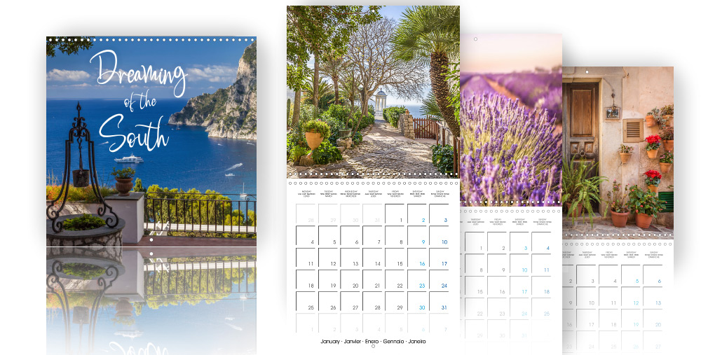Calendar - Dreaming of the South  /></a><br />
Mediterranean holiday feeling for the whole year.<br />
Let’s dream our way south! In our thoughts, we are already there, in our places of longing in Spain, Italy, France or Greece: the houses are painted in warm, strong colours, the entrances are surrounded by bougainvillea and wild wine. The crickets are chirping and it smells of lavender and roses. This beautiful calendar with sunny and bright motifs creates a Mediterranean holiday feeling all year round.</p>
<h4>Formats available in retail: 300 × 300 Wall<span style=