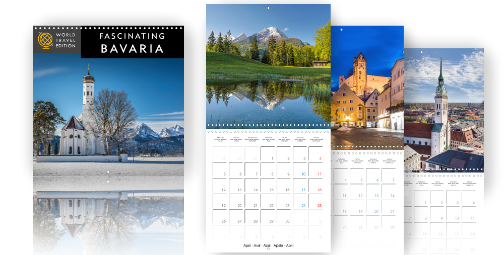 Calendar - Fascinating Bavaria  /></a><br />
The World Travel Edition shows you Bavaria’s natural and architectural highlights.<br />
Bavaria is one of the most fascinating regions of Germany. The Bavarian Alps and lakes offer spectacular scenic highlights. In addition Bavaria is famous for its magnificent castles and picturesque villages. Many of the spectacular historic places are UNESCO World Heritage Sites. The brilliant photography of the World Travel Edition celebrates the Bavaria’s allure. Featured in this calendar: Castles Neuschwanstein and Linderhof in Allgaeu, Franconia with Bamberg and Wuerzburg, old towns of Fuessen and Eichstaett, Watzmann and Koenigssee in the Bavarian Alps and the capitol city of Munich. Each outstanding image is accompanied by a large grid for your own notices.</p>
<h4>Formats available in retail: 300 × 300 Wall<span style=