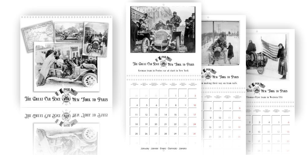 Calendar – The Great Car Race New York to Paris (1908) –  /></a><br />
Fascinating black and white photos of the brave automobile pioneers. 1908 – More than a hundred years ago, both the automobile and photography were still in their infancy. A race that the world had hardly thought possible. From New York over Chicago, San Francisco, Seattle, Alaska, Russia, Berlin to Paris – and that in winter! Six teams from the USA, France, Italy and Germany competed. The original photos were carefully restored by travel photographer Christian Müringer. These pictures take you back to a bygone era of the great pioneers of technology.</p>
<h4>Formats available in retail: 300 × 300 Wall<span style=