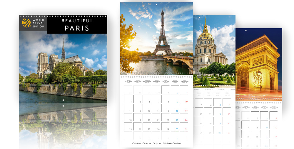 Calendar - Beautiful Paris  /></a><br />
The World Travel Edition shows you the spectacular highlights of the French capital.<br />
Paris is without a doubt one of the most beautiful and exciting metropolises in the world. The French capital is famous for its many architectural highlights, beautifully lit at night, the pretty parks and avenues and nevertheless its way of life. The brilliant photography of the World Travel Edition Paris celebrates the charm of the city. Places featured in this edition are: Eiffel tower, Arc de Triomphe, Cathedral Notre Dame de Paris, Seine bridges Pont Royal, Pont Alexandre III and Pont d’Iena, Fountain at the Place de la Concorde, Dome des Invalides, Palace of Versailles, Sacre Coeur de Montmartre, Louvre museum and the Park Jardin des Plantes. Each outstanding image is accompanied by a large grid for your own notices.</p>
<h4>Formats available in retail: 300 × 300 Wall<span style=