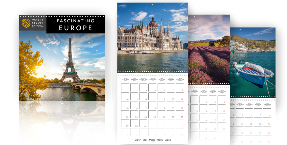 Calendar - Fascinating Europe  /></a><br />
The World Travel Edition shows you outstanding places of 10 European countries.<br />
Whether you are a seasoned world traveler or have not yet started, this Europe calendar will light the discovery fire in you. Gorgeous images of Europe’s most popular destinations will inspire you. For each image a location information is provided. Places featured in this edition are: Palma de Mallorca (Spain), Bavaria (Germany), Budapest (Hungary), Bibury and London (England), Copenhagen (Denmark), Ischia (Italy), Provence and Paris (France), Slea Head (Ireland), Santorini (Greece), Tyrol (Austria) and Stockholm (Sweden). This durable wire-bound calendar presents the superb photography of Christian Mueringer alongside generous space to record active monthly schedules. Each of these quality prints is suitable for framing at year’s end.</p>
<h4>Formats available in retail: 300 × 300 Wall<span style=