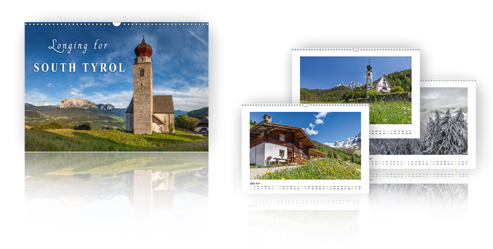 Calendar Longing for South Tyrol  /></a><br />
Escape the everyday life. Enjoy pure nature, silence and relaxation. South Tirol will fascinate you with its unique mountain scenery. Discover idyllic villages, breathtaking wide views, lonely valleys and traditional mountain huts. The calendar Longing for South Tyrol is presenting you with the fascinating photos of travel and nature photographer Christian Mueringer the beauty and charm of the North Italian mountains. </p>
<h4>Formats available in retail: A4 Wall, A3 Wall <span style=